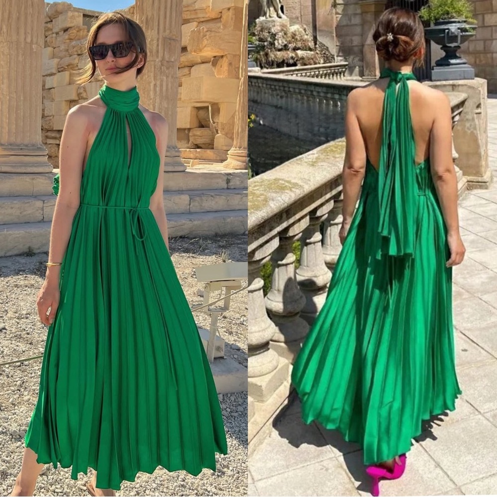 MANGO NWT BLOGGER FAVE Green Pleated Tie Neck Halter Midi Dress Sz 8 - Picture 1 of 17